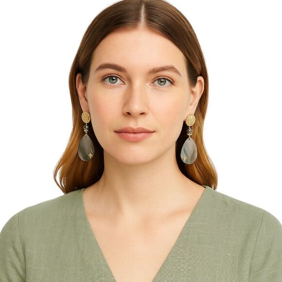 Chico’s Abalone Sand Dollar 2" Drop Pierced Earrings Coastal Beach BOHO Dangle - Picture 2 of 13